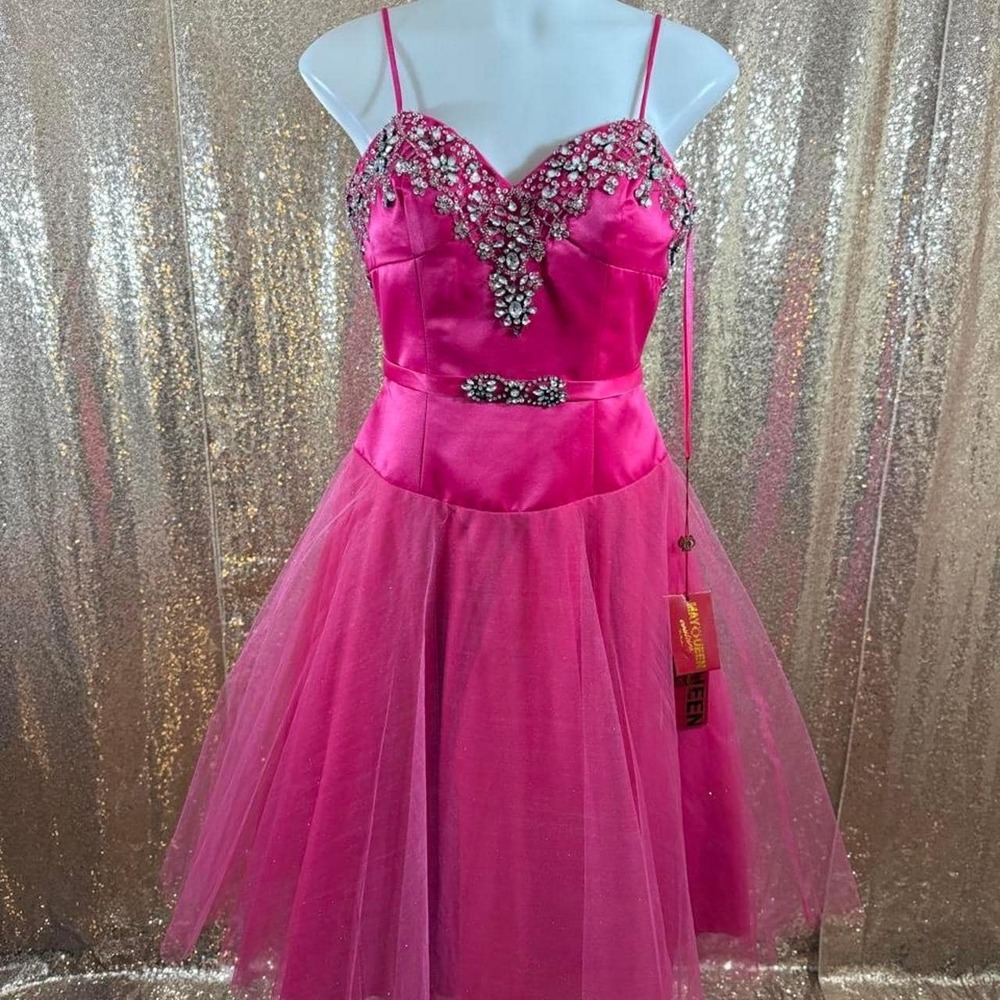 NWT May Queen Pink Beaded Tulle Formal Homecoming Dress with Scarf/Sizes 6-10